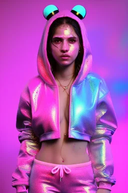 Ultra Realistic image, Rosalía artist, portrait, waist up portrait, long black eye line, sweet face, inflatable hoodie, gold pink and blue style, spray glow make up, rings piercing nose, led ornament, fog, cold, bubble latex coat, vibrant color, highly detailed, art stations, concept art, smooth, unreal engine 5, god rays, ray tracing, RTX, lumen lighting, ultra detail, volumetric lighting, 3d, finely drawn, high definition, high resolution.