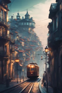 porto city view in fantasy cyberpunk style with famous tram