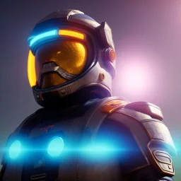 portrait, eternal samurai fusion space suit, floating in space, sun burning bright in background, neon light, 8k, 3d, blender