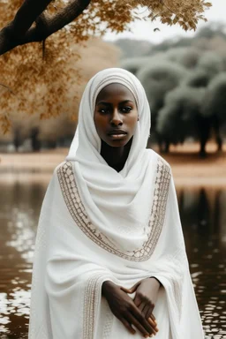 All white textured an arabica woman wearing a white African cloths white trees in the background also a white lake
