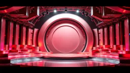 a 3d recursive stage made of metallic color 3d structures, pertty artistc background with a large circular scene