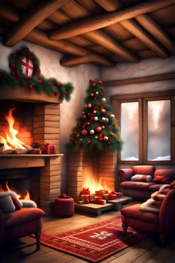 create me a digital art of cosy and warm inside of a house in balkan style and christmas atmosphere, with fireplace as central figure, next to the fireplace should be a branch of dried out oak leaves tied with a knot. Put serbian flag and an orthodox cross somwhere on the shelfs or around the fireplace