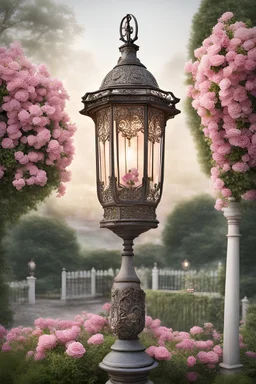 Generate an image featuring a beautiful French lantern standing atop a pole, adorned with flowers. The lantern should be elegantly crafted in the style of French design, with graceful curves and intricate details. It should be positioned on top of the pole, centered within the image. Surrounding the base of the pole and extending slightly upwards should be colorful flowers, enhancing the visual appeal. The background of the image should be a clean white, allowing the lantern and flowers to stand