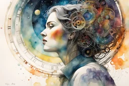 an ink wash and watercolor portrait of the inner workings of the cosmic clockwork mind as she wonders at her own existence , Tracy Adams , Gabriel Pacheco , Douglas Smith , Bill Sienkiewicz, and Jean Giraud Moebius , vibrant natural color, sharp focus, ethereal and filled with wonder