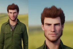 Jack is a young farmer with tousled brown hair, piercing green eyes, and a strong jawline. He is tall and muscular, with calloused hands from years of hard work on the farm. He wears a simple tunic and trousers, with a worn pair of boots on his feet.