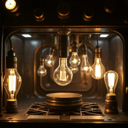 an electric oven made of bulbs of lamps in a steampunk environment