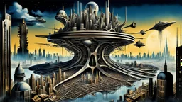 a stunningly weird image of a futuristic metropolis using Salvador Dali's paranoiac-critical method, where buildings and structures appear to melt into the skyline cityscape is filled with floating mad, twisted sharp metal shapes that interact with the buildings and each other, forming a surreal tableau of a dreamlike reality. neu-steampunk vibe, essence of the scene in a cinematic manner, with dramatic shadows that enhance the distorted perspectives and bizarre