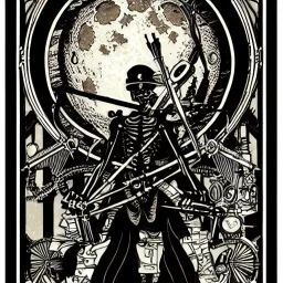 steampunk, one skeleton, vitruvius man, playing drums, full moon background, art nouveau,