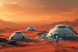 Ultra realistic photo of an advanced human colony on Mars, futuristic habitat domes, red desert landscape, realistic aerospace engineering, astronauts walking, dramatic sky, practical and manufacturable architecture, cinematic science fiction atmosphere, HOF, full size, (((realism, realphoto, professional DSLR photography, photorealistic, ultra detailed, 64k)))