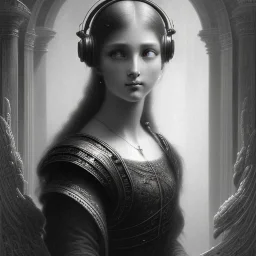 perfect eyes, a beautiful young woman playing video games, Gustave Doré black and white illustration, beautiful face