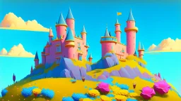 Castle on a hill, Pink walls, orange towers, yellow flowers on the ground, dark blue roof and aqua blue sky, very detailed and realistic