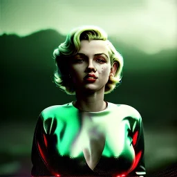 Ultra Realistic retro sci-fi scene, portrait, blonde woman, sweet young Marilyn Monroe face, perfect iris, tight latex coat, Strange planet background, Retro sci-fi style helmet, fog, rain, soft color, highly detailed, unreal engine 5, ray tracing, RTX, lumen lighting, ultra detail, volumetric lighting, 3d, finely drawn, high definition, high resolution.