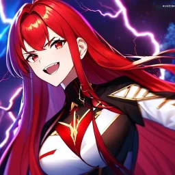 Clear focus, 8k, beautiful lighting, vibrant colors, girl, red hair, long hair, red eyes, laughing, angry, lightning magic,