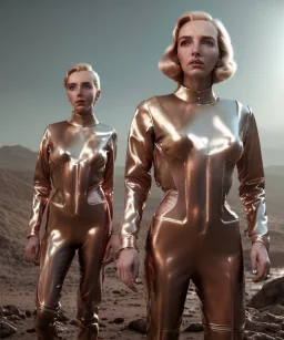 Ultra Realistic retro sci-fi movie scene, 1960 year, waist up view portrait, 3 clones blonde women, sweet young una Thurman face, perfect iris, glow eyes, face makeup. Mars and martians background, Retro sci-fi style, helmet, tight latex coat, fog, rain, soft color, highly detailed, unreal engine 5, ray tracing, RTX, lumen lighting, ultra detail, volumetric lighting, 3d, finely drawn, high definition, high resolution.