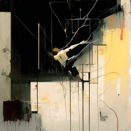 Minimal abstract oil painting of a falling person limbs sinew. Amongst concrete fragments brutalist architecture and hanging wires illuminated at night. In the style of Justin Mortimer and Phil Hale and Ashley Wood