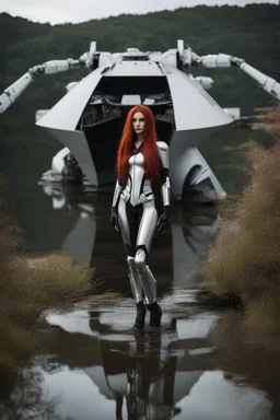 Wide-angle, full body and headshot of a skinny young woman, with long straight red hair, dressed in a robotic-looking catsuit, standing next to a lake with a crashed spaceship.