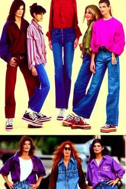 year 1996 denim fashion. Loose fit, low waist, baggy. Colors: denim blue, blue, purple, khaki, light green, lilac, plum, orange, terracotta, red, pink, dark blue, beige. Women models. Sharon Stone, Sandra Bullock, Winona Ryder, Milla Jovovich, Big tennis shoes on.