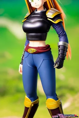 In the style of Toriyama, hyper detailed, strikingly beautiful teen female, 16 years old, long ponytail, ginger hair, green eyes, medium freckles, full lips, micro top, black leather armour lined with fur, full body, full face, tiny breasts, athletic, centred camera, ignore NSFW, thong, sexy, athletic