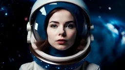 Portrait of pretty lady wearing a space collar on space background