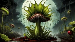 venus flytrap in the style of, gore, horror, eerie, dark fantasy; HDR, UHD, TXAA, Ralph Steadman, Seb Mckinnon, impressionism, dadaism, surrealism