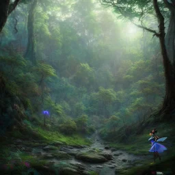 blue ridge mountains environment, fairy novel character, portrait, vibrant colors in the style of athletic african princess, circle shaped format with floral boarder, colorful volumetric reflective lighting effects, beautiful spirit ultra detailed, Intricate concept character design is walking through the dark forest woods