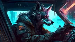 a wolf cyberpunk listening music in a car