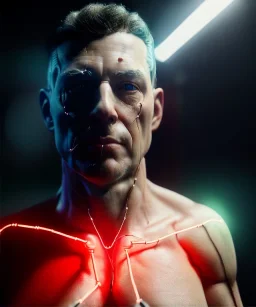 Ultra realistic photographic night portrait, full body shot view, cinematic, naked, young, face shaved, led lights <strong man> <hanging wires> many wires connected to the head <perfect pupil> <cyborg> <garage> <sci-fi futuristic> <thriller>, fog, soft color, highly detailed, unreal engine 5, ray tracing, RTX, lumen lighting, ultra detail, volumetric lighting, high definition.