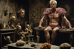 Movie still for film "David vs. Super Goliath " starring Troy McCLure- a well-coifed middle-aged blonde B-movie actor, color photorealistic by Joel-Peter Witkin, weird bizarro film set, hyperrealistic, dramatic, moody, muted colors.