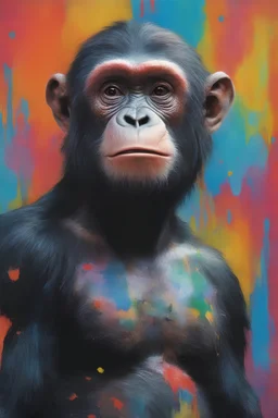 Roddy McDowall as Cornelius the chimpanzee from Planet of the Apes - extremely colorful, multicolored paint splattered wall in the background, oil painting by Leonardo da Vinci