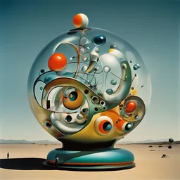 enhanced surrealism, pneumatic lottery ball machine that looks like a glass snail shell, absurd, by Desmond Morris and Joan Miro, mind-bending abstract surreal image, surrealist glass structure, impossible machine