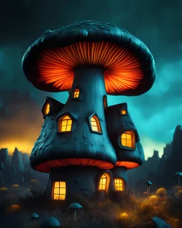 An asymmetrical mushroom house in the night sky. in space. Bright Bold Bright Colors, teal yellow black, Stark Dark background. Detailed Matte Painting, deep color, fantastical, intricate detail, splash screen, hyperdetailed, insane depth, Fantasy concept art, 8k resolution, trending on artstation, Unreal Engine 5, color depth, Deep Colors, backlit, splash art, dramatic, splash art Style. High Quality, Painterly, Whimsical, Fun, Imaginative, Bubbly, good detail, perfect composition,