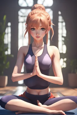 8k quality realistic image of a beautiful anime girl, doing yoga ,action, up close, 3d