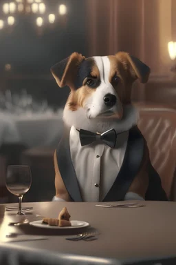 A very cut dog in an elegant suit sits at a table in a five-star restaurant eating realistic photo cinematic