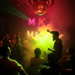 "MR Kukrunk" is Benny, and "DJ Roy" in a disco, dancing, "MR Kukrunk" on sign wall, disco light, strobe, smoke. disco ball, 1000 dancing people