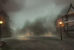 Small fantasy town, stormy, misty, dynamic lighting