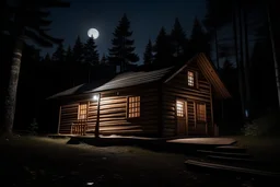 a lighted logged cabin enclosed by a forest but seen in the perspective of someone who has just approached the house and sees the entrance in the center of their vision. This photo takes place at night with the moon looming in the background.