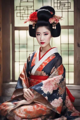 Ultra realistic photo beautiful geisha woman beauty ,one person young adult beautiful woman, sitting, clothing, women adult ,fashion dress, young women, beautiful people, indoors, full length hairstyle , ,smiling ,window looking ,sitting on floor contemplation ,floral pattern , futuristic style, HOF, captured with professional DSLR camera, 64k, ultra detailed,
