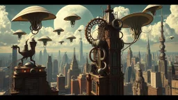 a stunningly weird image of a futuristic metropolis using Salvador Dali's paranoiac-critical method, where buildings and structures appear to melt into the skyline cityscape is filled with floating medusas and mad, twisted metal shapes that interact with the buildings and each other, forming a surreal tableau of a dreamlike reality. neu-steampunk vibe, essence of the scene in a cinematic manner, with dramatic shadows that enhance the distorted perspectives and bizarre mood