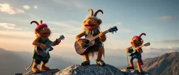 masterfully Gnoll muppet puppet band all playing on one huge enourmous big guitar on the top of ben alder mountain in scottland