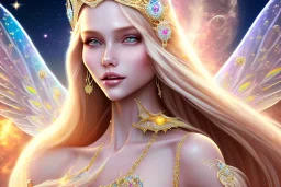 beautiful, very soft, smiling, very straight and long blonde hair, dewy and shiny vibe, diamond crown, long fairy wings in the back, full head, golden veil clothes, smiling, bachground lights pink and blue