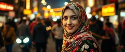 beauty photo of a happy Iranian girl, Tehran, 24 years old, with blue eyes, she is wearing a flower print niqab and a colorfull dirndl. In the middle of a chaotic street in Tehran, the scene is full of tension and unrest because the flames Fire illuminates the night sky in the background, a stunning surreal shot of an intense scene. Accurate expression of her face and body.