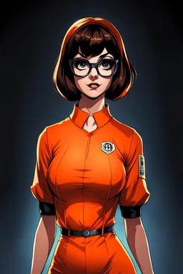 Velma From Scooby-Doo. As An Arkham Asylum Inmate. Wearing an orange prison uniform. DC Comics Art Style.