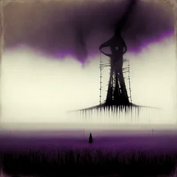 A reaper on the oilfields, toiled long And you'll toil still, by Anton Semenov, by Stephen Gammell, by Victor Pasmore, Westerngaze album cover illustration, scary sepia and purple complimentary shades, octane render, by Wes Benscoter, gritty, weird, volumetric lighting, abstract images