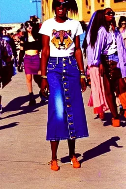 year 1996 denim fashion. Loose skirt, low waist. Colors: denim blue, blue, purple, cream, khaki, light green, lilac, plum, orange, terracotta, red, light yellow, pink, dark blue, beige. Cheetah pattern. Gwen Stephani, Missy Elliot, Shirley Manson.