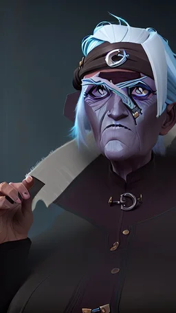 An old woman with white hair and an eye patch