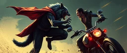 werewolf vs vampire cyberpunk action scene, acrobatic dodge, cape, all seen drown on isometric grid, wolf giving him the biggest stomach punch, power lift grab, riding bikes