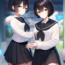 Clear focus, High resolution, fluffy black short hair, dark green eyes, wearing a black sailor uniform and pleated black skirt, fluffy hair, detailed outfit