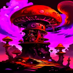 A fantabulous black, orange, and magenta (((mushroom tower house))) erected atop a (geologic pillar), surrounded by the uncanny imaginative ((( swirling skies))), offset by the stark hues of a (neon-tinged nebulous space scape), within. captured by the hand a skilled master painter with a focus on (softly blurred compositions and voluminous lighting).