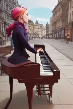 One single mature cat lady playing piano on the street, Vienna, fiacre, friendly, model style, hyper realistic, extremely accurate, delicate, extremely detailed, Graphic novel style, wide-angle, open aperture, superfine pencil