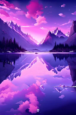 A huge clear river reflects the sky, there are distant trees, behind them are huge high mountains, their peaks are covered with snow, and the companions are pink in color, the appearance looks charming and beautiful